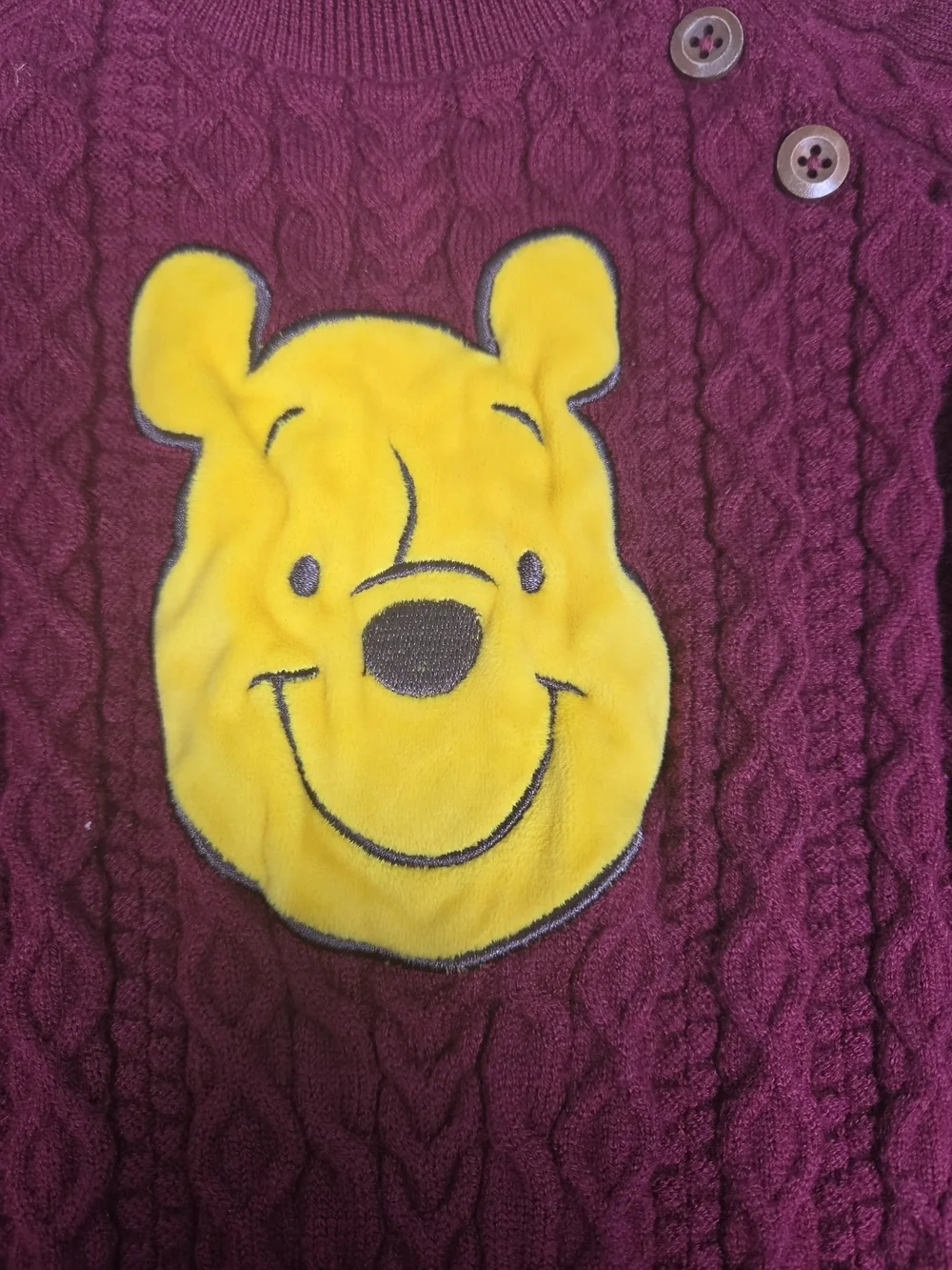 Disney Burgundy Cable Knit V-Neck Sweater with Yellow Winnie the Pooh Patch